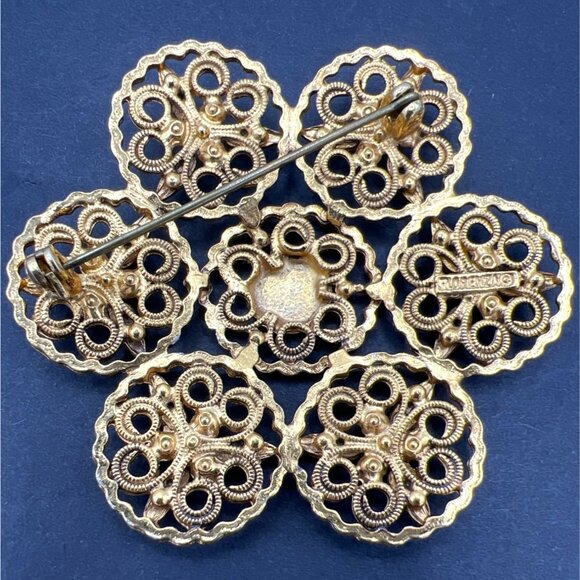 Florenza Filigree Flower Brooch Pin Intricate Design Gold-tone Vintage - Picture 4 of 8